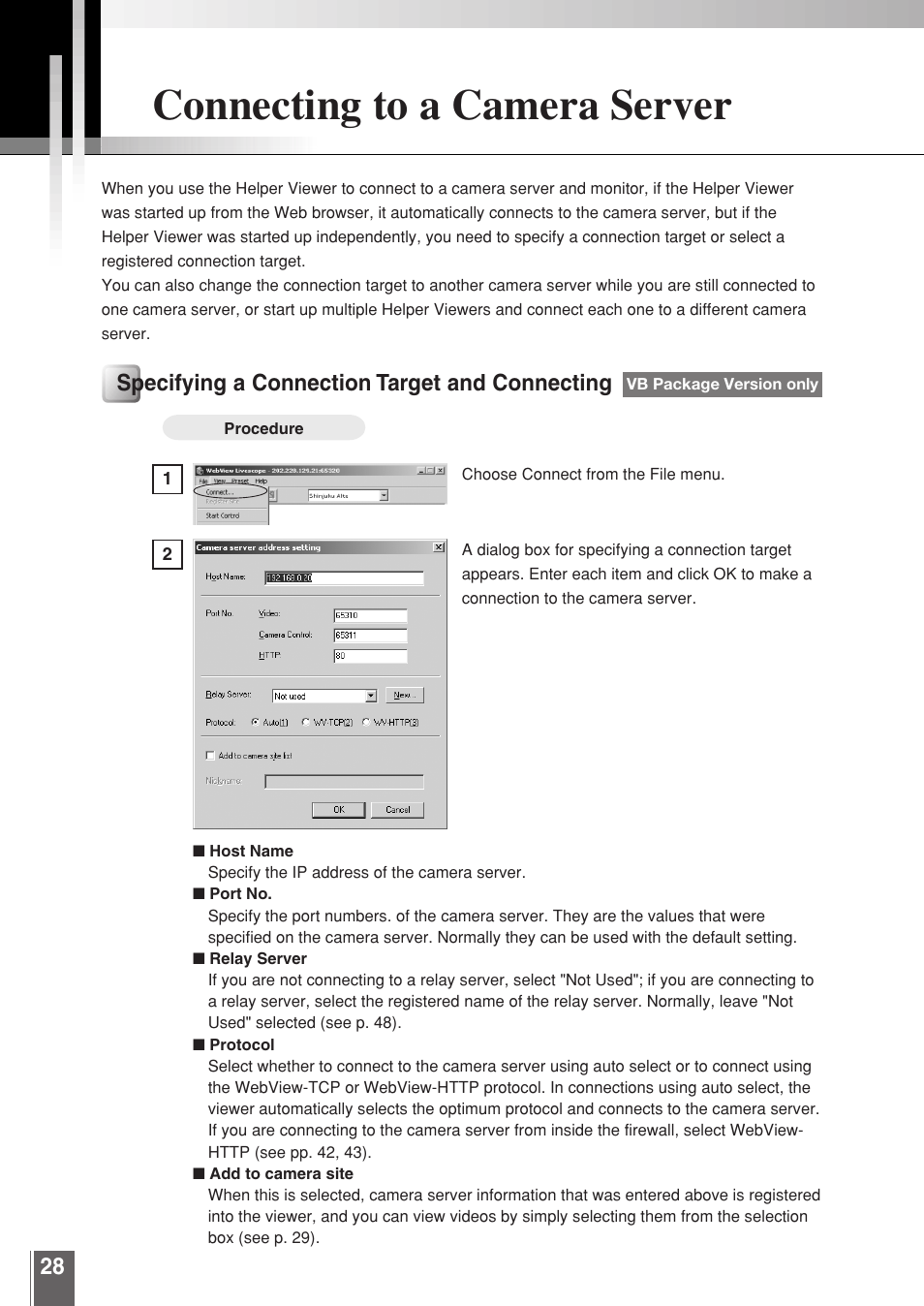 Connecting to a camera server, Specifying a connection target and connecting | Canon WEBVIEW LIVESCOPE 3.2 User Manual | Page 28 / 56
