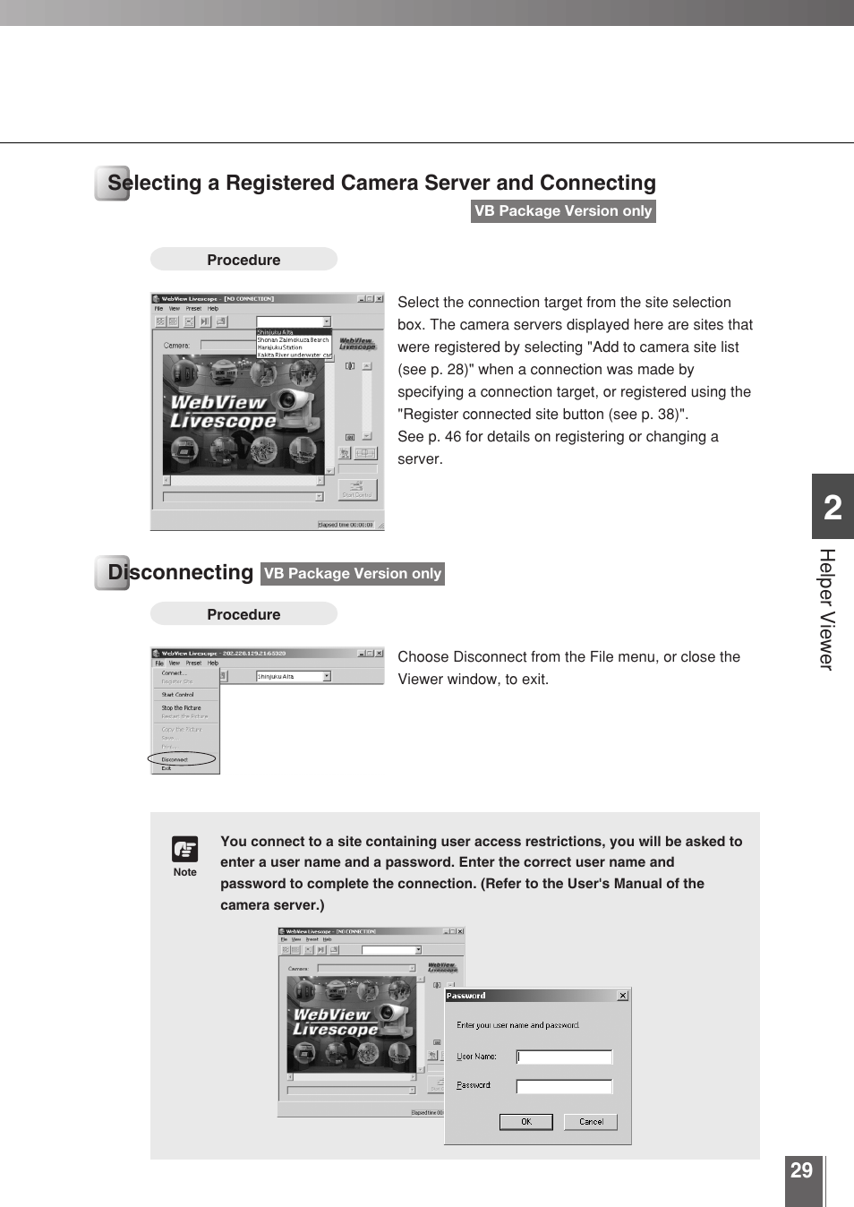 Disconnecting, Helper vie w e r | Canon WEBVIEW LIVESCOPE 3.2 User Manual | Page 29 / 56