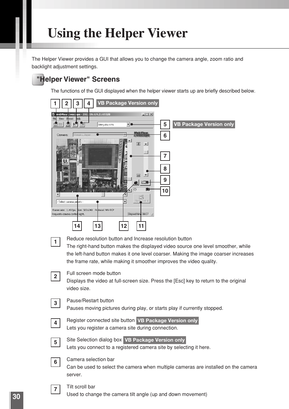 Using the helper viewer, Helper viewer" screens | Canon WEBVIEW LIVESCOPE 3.2 User Manual | Page 30 / 56