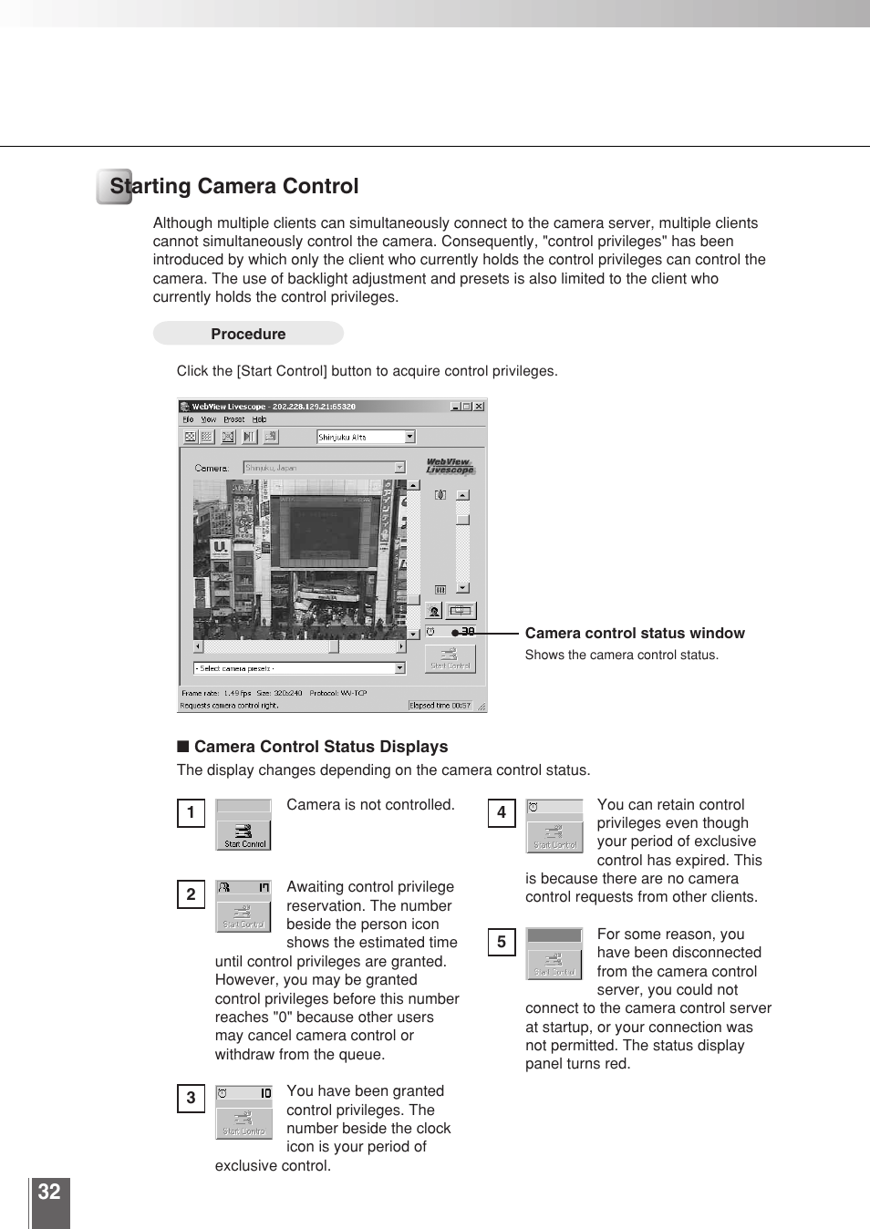 Starting camera control | Canon WEBVIEW LIVESCOPE 3.2 User Manual | Page 32 / 56