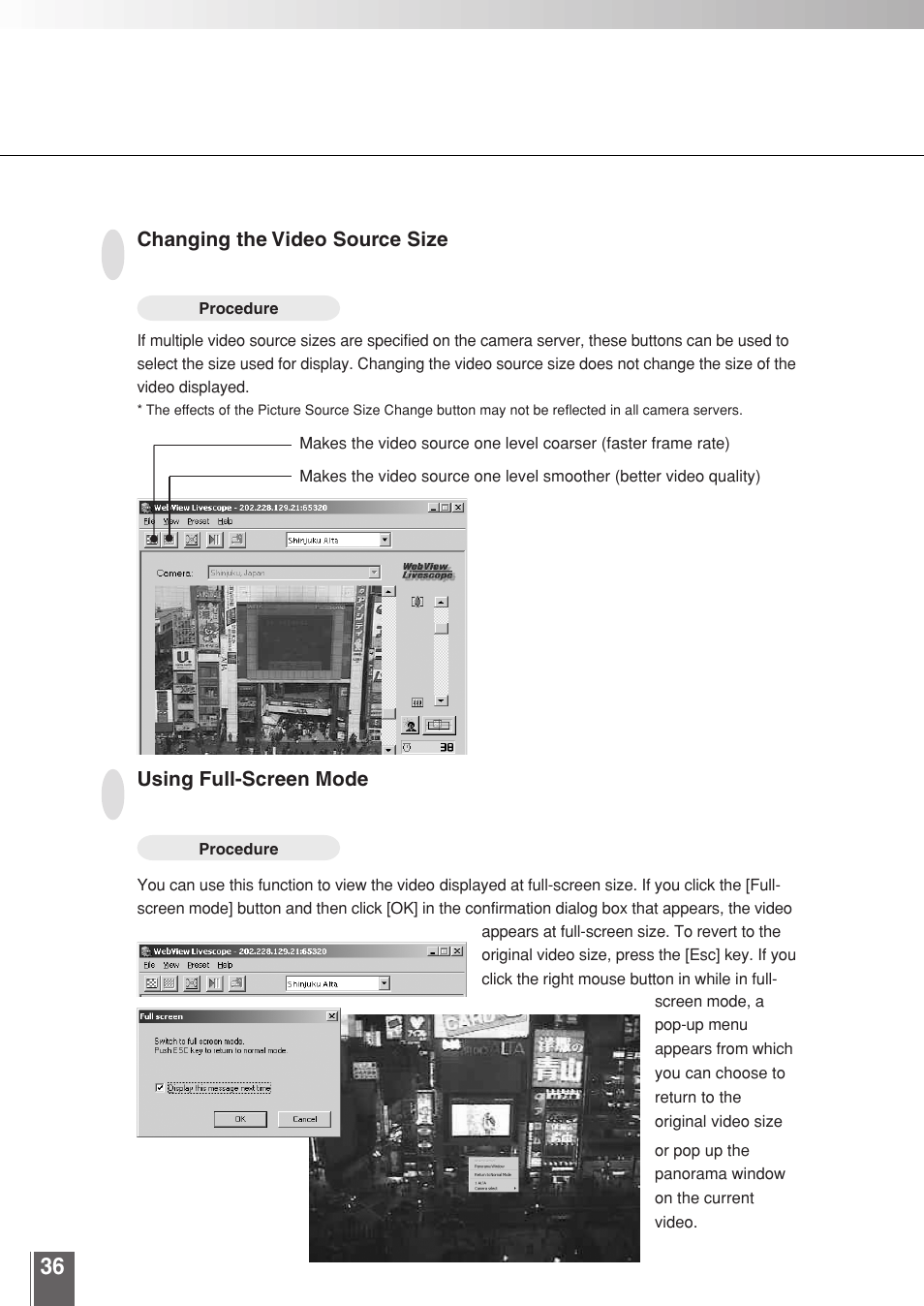 Changing the video source size, Using full-screen mode | Canon WEBVIEW LIVESCOPE 3.2 User Manual | Page 36 / 56