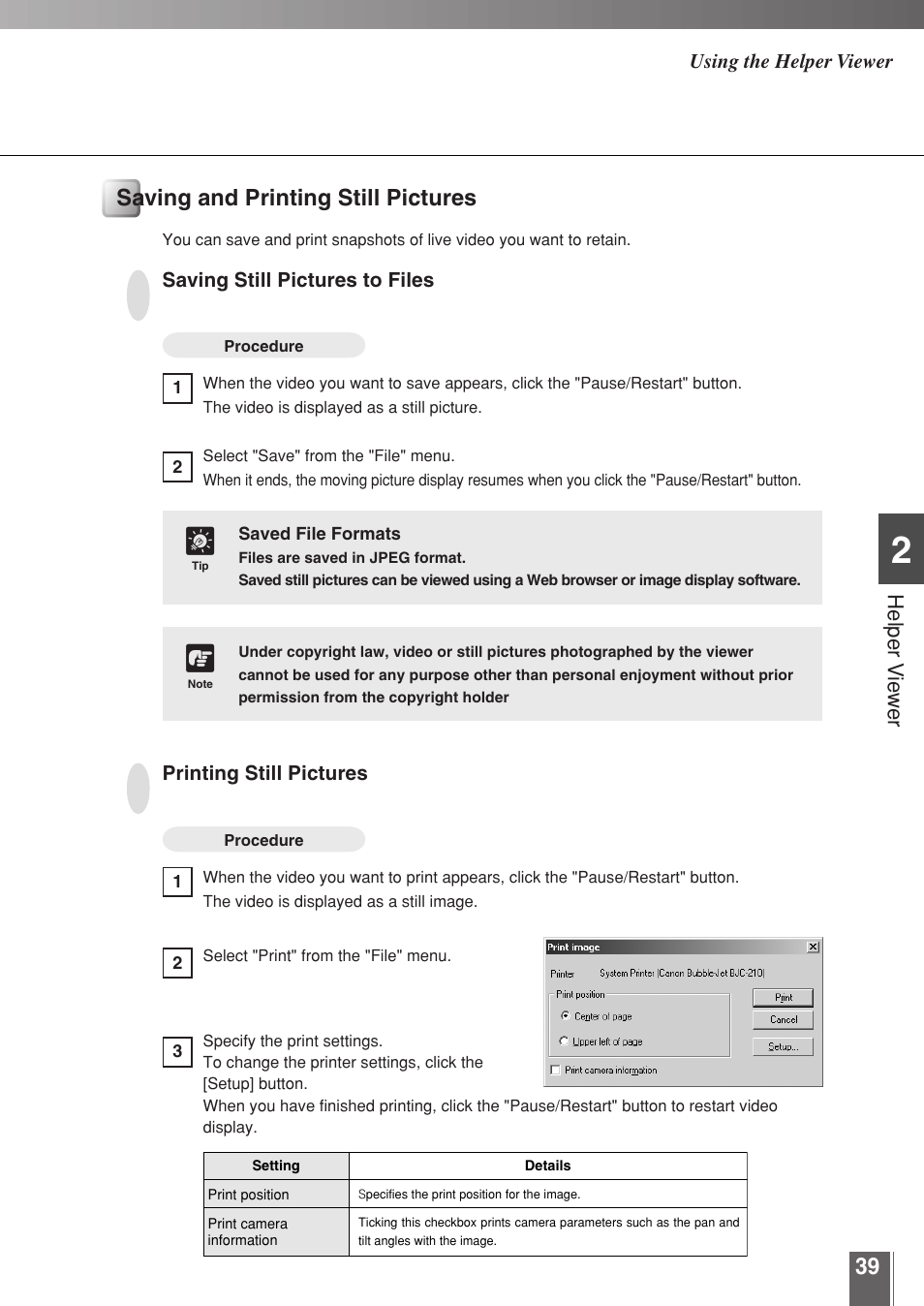 Saving and printing still pictures, Helper vie w e r | Canon WEBVIEW LIVESCOPE 3.2 User Manual | Page 39 / 56