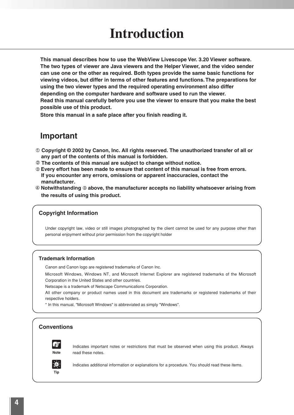 Introduction, Important | Canon WEBVIEW LIVESCOPE 3.2 User Manual | Page 4 / 56