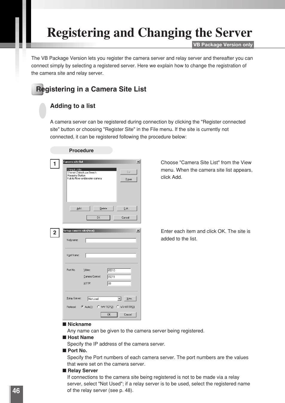 Registering and changing the server, Registering in a camera site list | Canon WEBVIEW LIVESCOPE 3.2 User Manual | Page 46 / 56