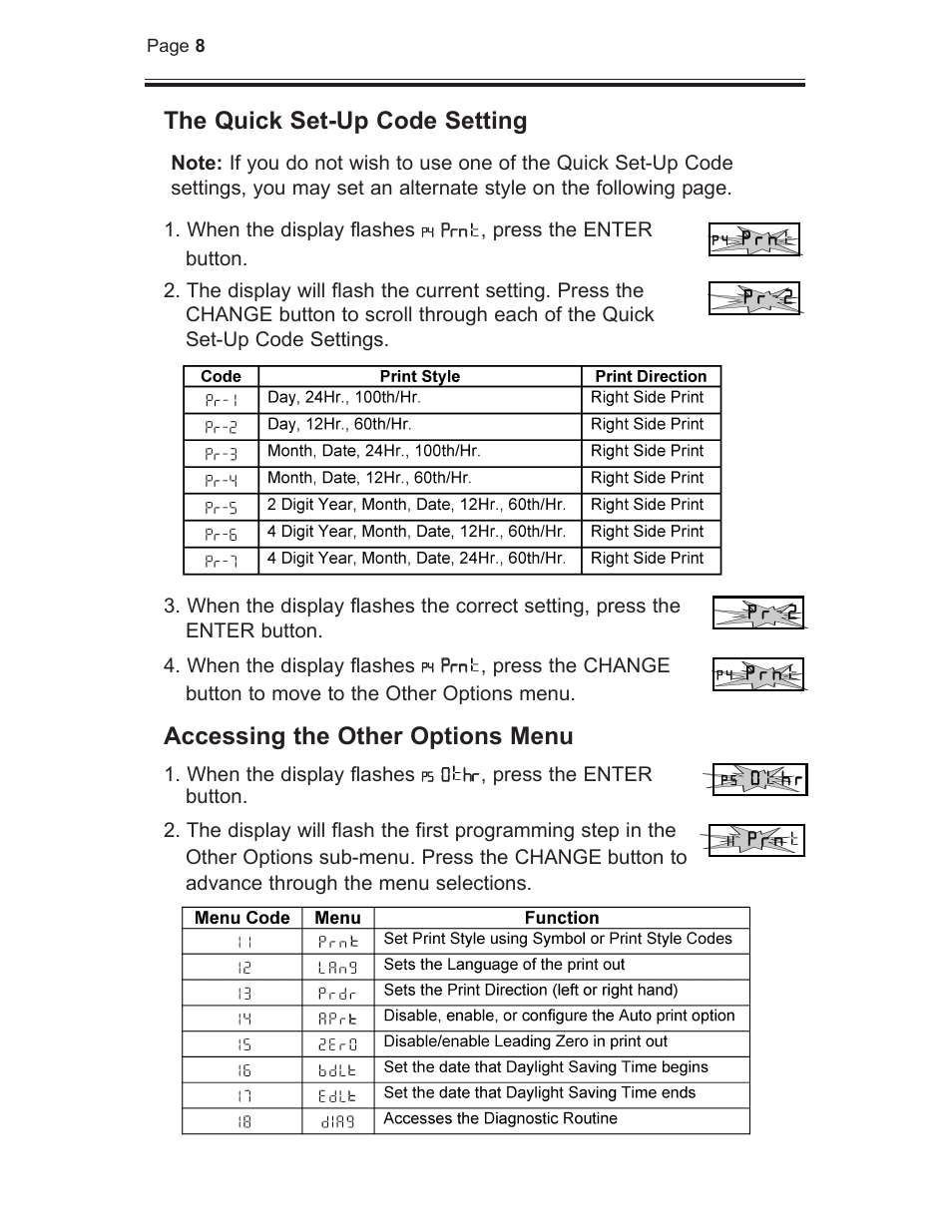 The quick set-up code setting, Accessing the other options menu | B.C. Time Recorders Amano TCX 21 User Manual | Page 10 / 20