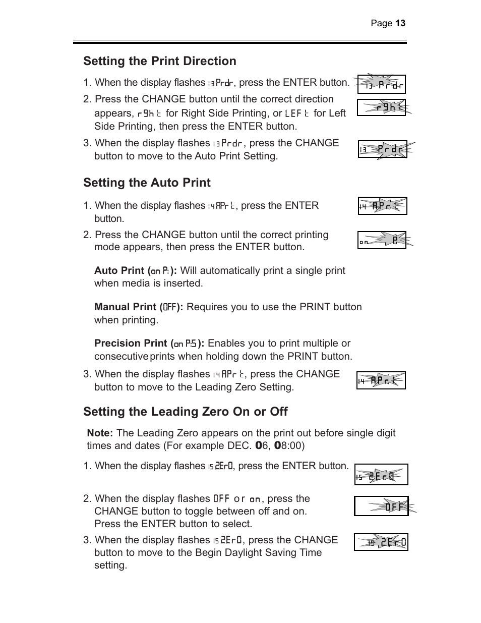 Setting the print direction, Setting the auto print, Setting the leading zero on or off | B.C. Time Recorders Amano TCX 21 User Manual | Page 15 / 20