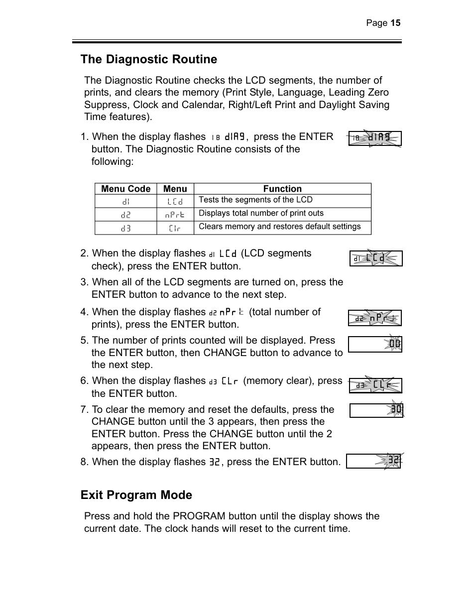 The diagnostic routine, Exit program mode | B.C. Time Recorders Amano TCX 21 User Manual | Page 17 / 20