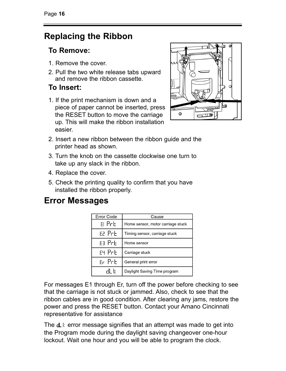 Replacing the ribbon, Error messages | B.C. Time Recorders Amano TCX 21 User Manual | Page 18 / 20