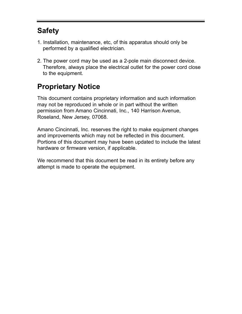 Safety, Proprietary notice | B.C. Time Recorders Amano TCX 21 User Manual | Page 2 / 20
