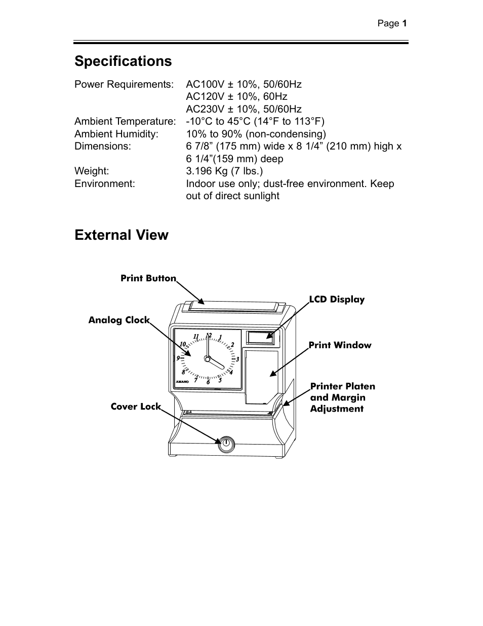 Specifications, External view | B.C. Time Recorders Amano TCX 21 User Manual | Page 3 / 20