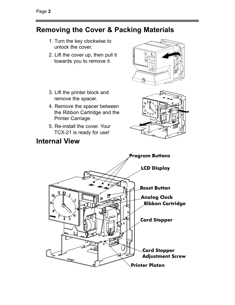 Removing the cover & packing materials, Internal view | B.C. Time Recorders Amano TCX 21 User Manual | Page 4 / 20