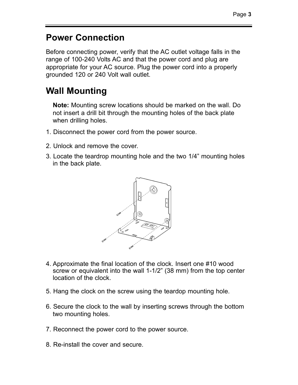 Power connection, Wall mounting | B.C. Time Recorders Amano TCX 21 User Manual | Page 5 / 20