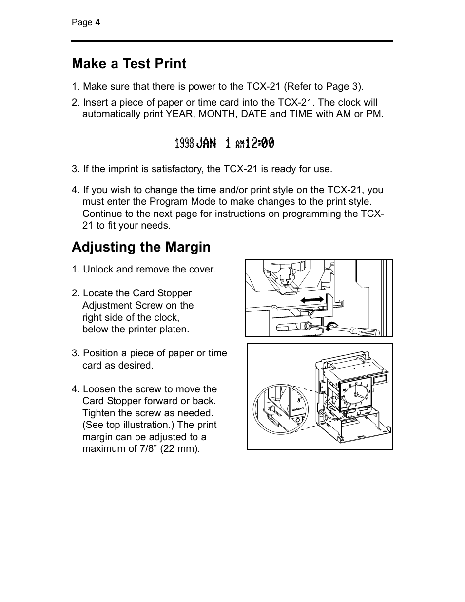 Make a test print, Adjusting the margin | B.C. Time Recorders Amano TCX 21 User Manual | Page 6 / 20