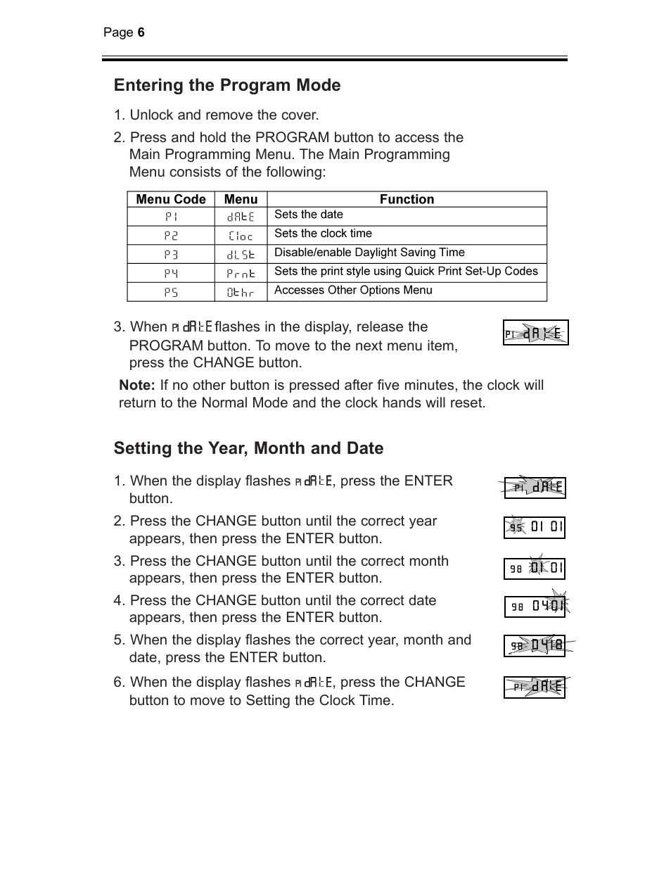 Entering the program mode, Setting the year, month and date | B.C. Time Recorders Amano TCX 21 User Manual | Page 8 / 20