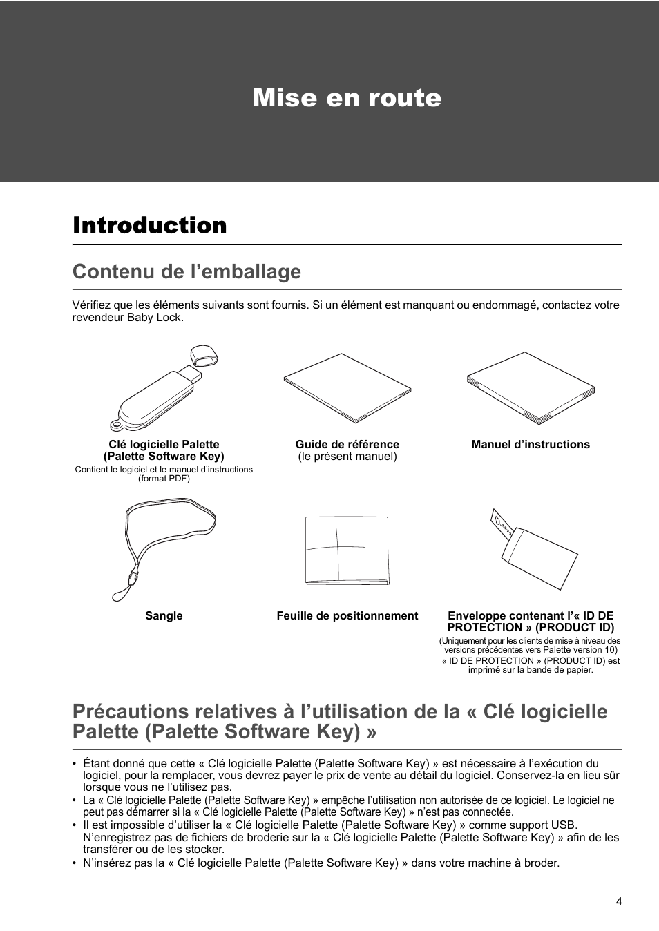 Mise en route, Introduction, Contenu de l’emballage | Baby Lock Palette 10 (ECS10) Reference Guide User Manual | Page 101 / 116