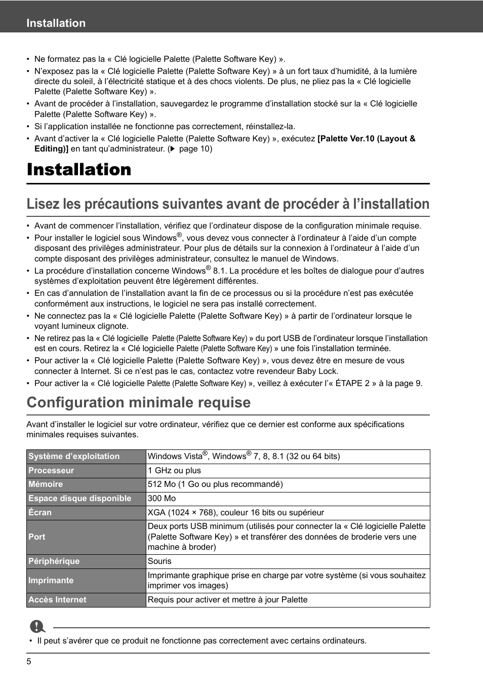 Configuration minimale requise, Installation | Baby Lock Palette 10 (ECS10) Reference Guide User Manual | Page 102 / 116