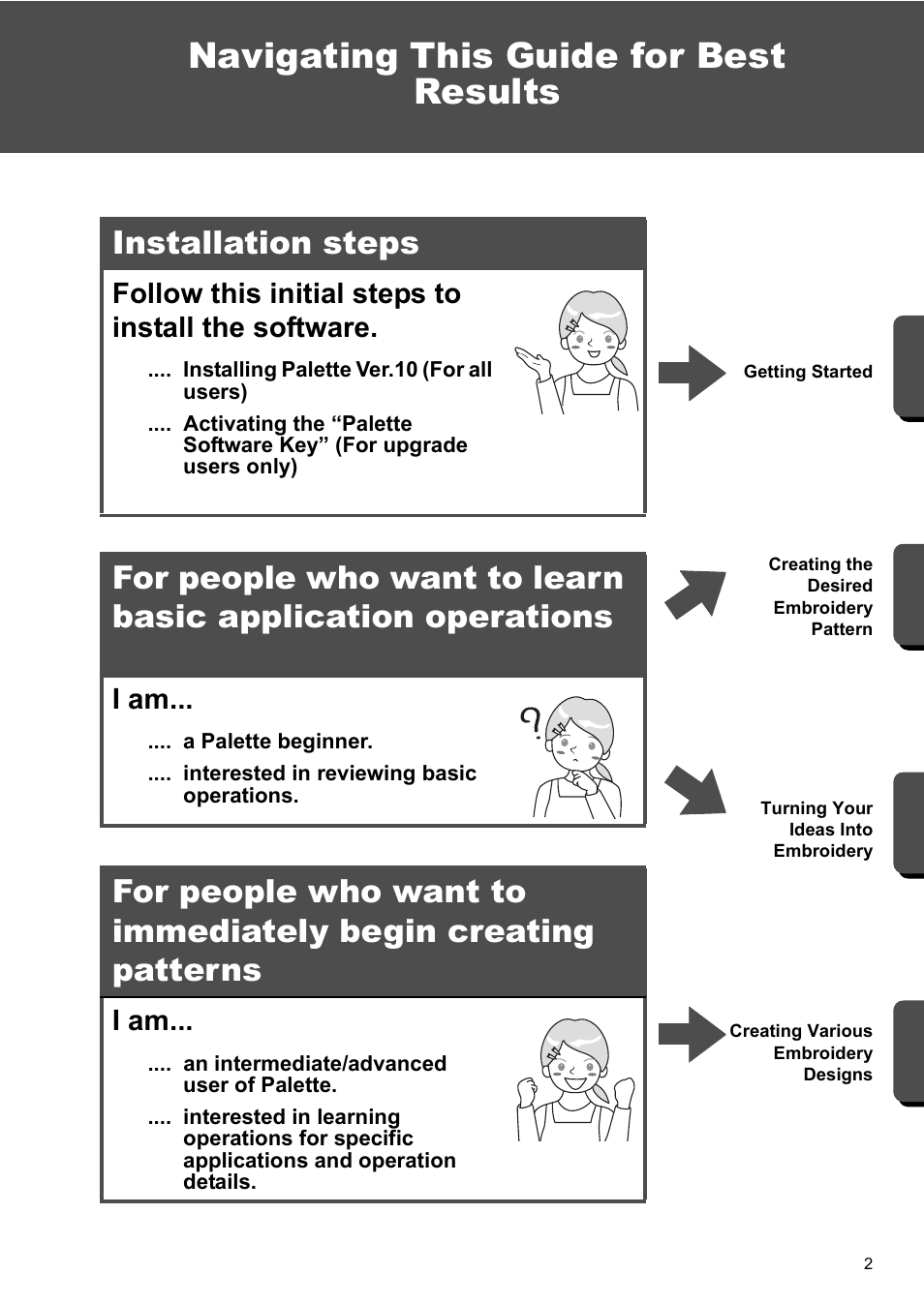 Navigating this guide for best results, Installation steps, Follow this initial steps to install the software | I am | Baby Lock Palette 10 (ECS10) Reference Guide User Manual | Page 11 / 116
