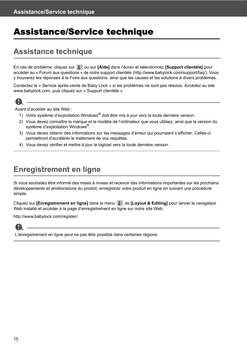 Assistance technique, Enregistrement en ligne, Assistance/service technique | Baby Lock Palette 10 (ECS10) Reference Guide User Manual | Page 112 / 116