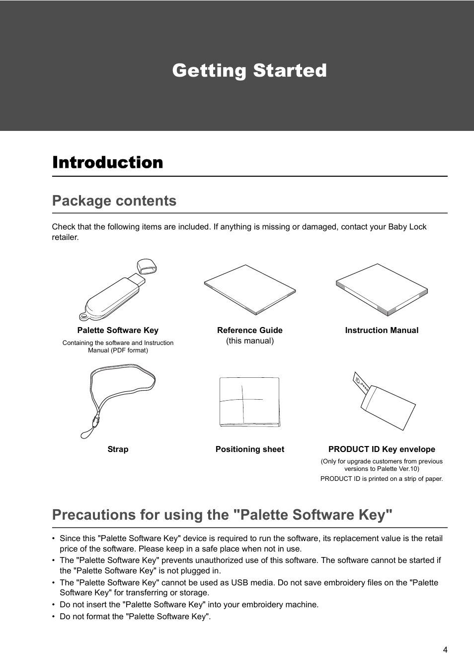 Getting started, Introduction, Package contents | Precautions for using the "palette software key | Baby Lock Palette 10 (ECS10) Reference Guide User Manual | Page 13 / 116