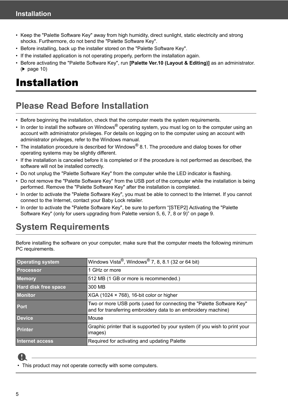 Please read before installation, System requirements, Installation | Baby Lock Palette 10 (ECS10) Reference Guide User Manual | Page 14 / 116