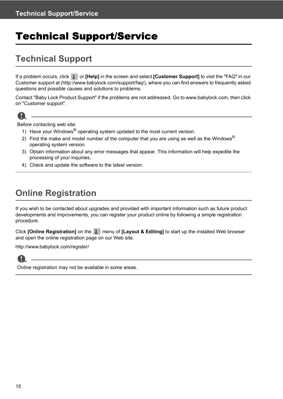 Technical support, Online registration, Technical support/service | Baby Lock Palette 10 (ECS10) Reference Guide User Manual | Page 24 / 116