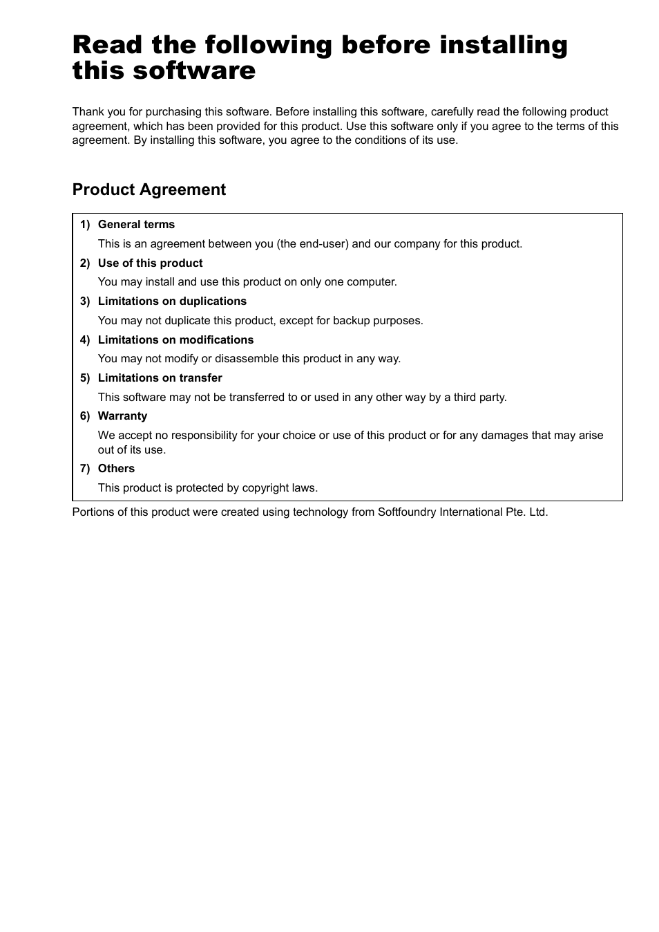 Read the following before installing this software, Product agreement | Baby Lock Palette 10 (ECS10) Reference Guide User Manual | Page 3 / 116