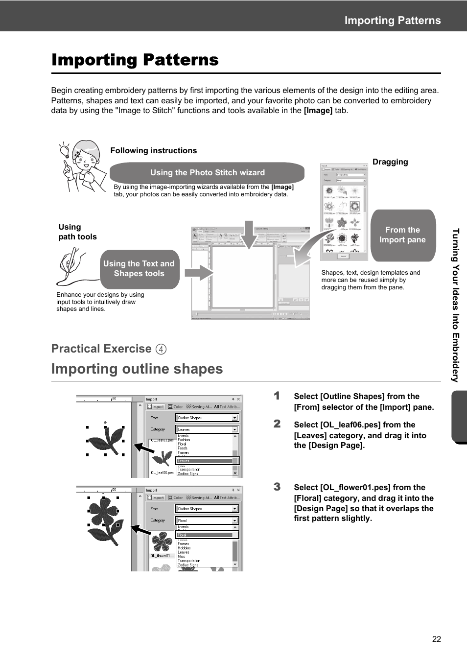 Importing outline shapes, Practical exercise d, Importing patterns | Baby Lock Palette 10 (ECS10) Reference Guide User Manual | Page 31 / 116