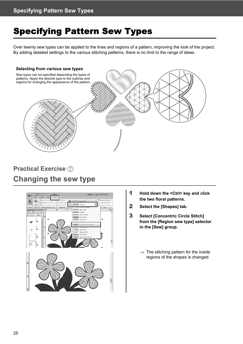 Specifying pattern sew types, Changing the sew type | Baby Lock Palette 10 (ECS10) Reference Guide User Manual | Page 34 / 116