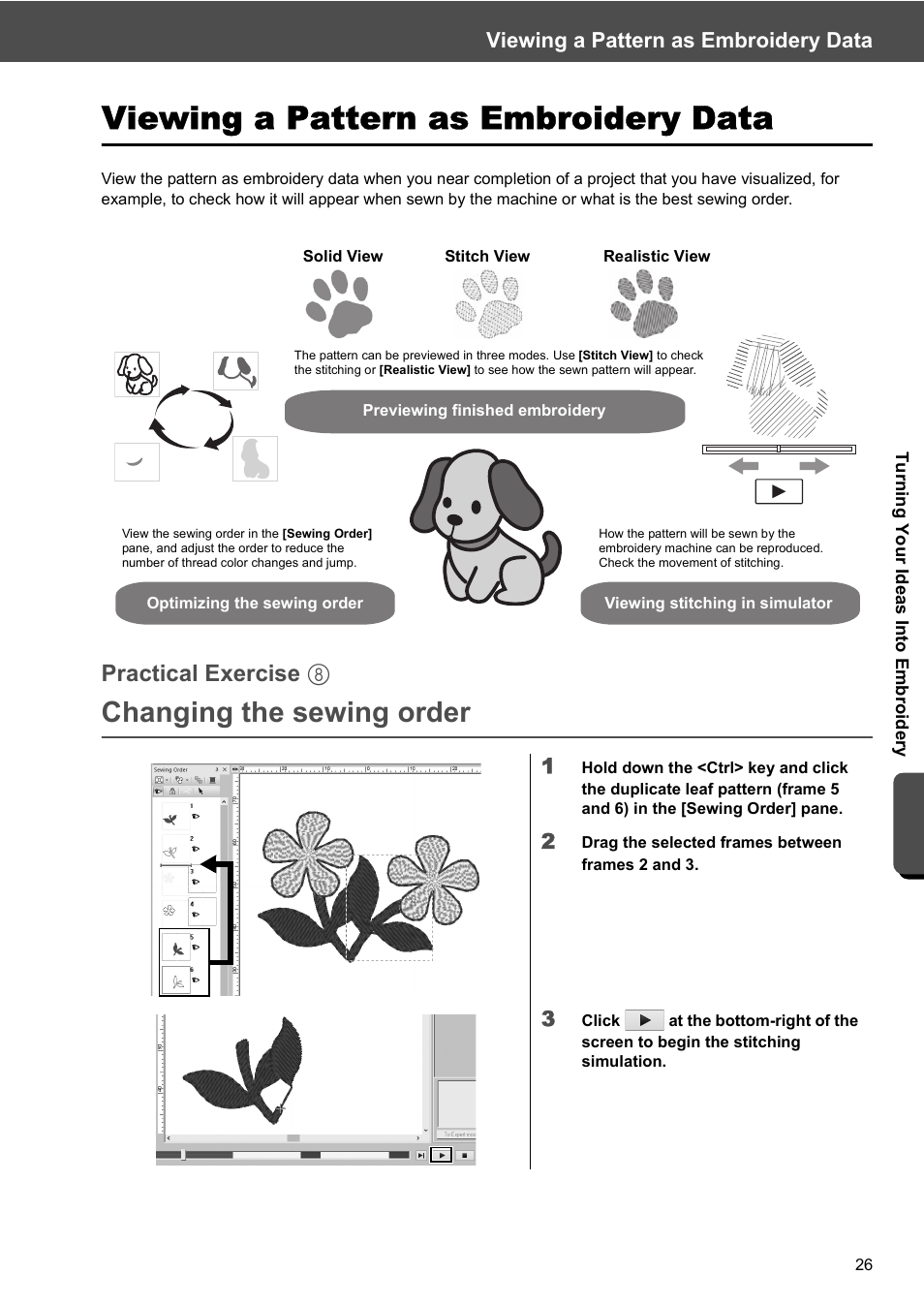 Changing the sewing order, Practical exercise h, Viewing a pattern as embroidery data | Baby Lock Palette 10 (ECS10) Reference Guide User Manual | Page 35 / 116