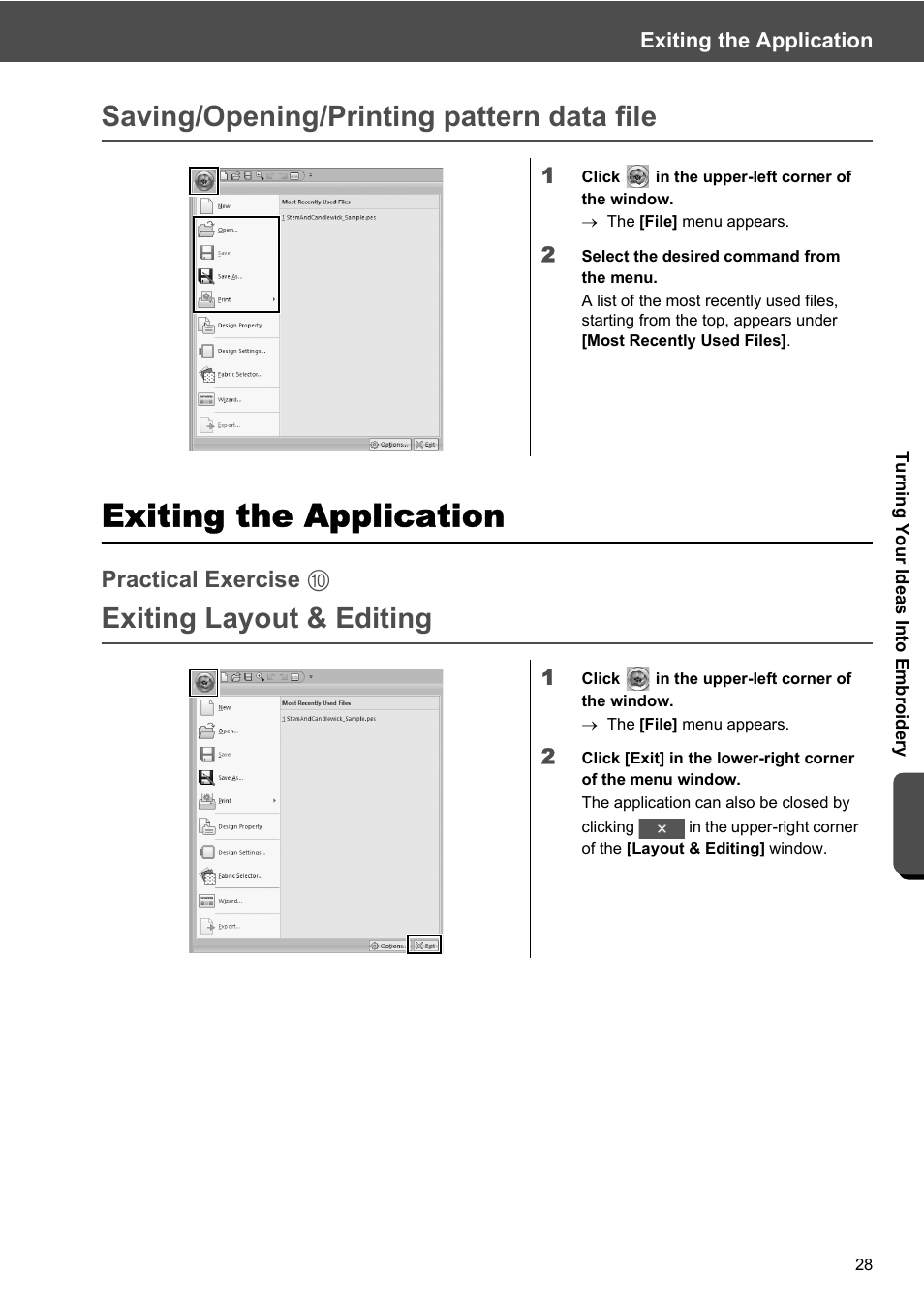 Exiting the application, Saving/opening/printing pattern data file, Exiting layout & editing | Practical exercise j | Baby Lock Palette 10 (ECS10) Reference Guide User Manual | Page 37 / 116