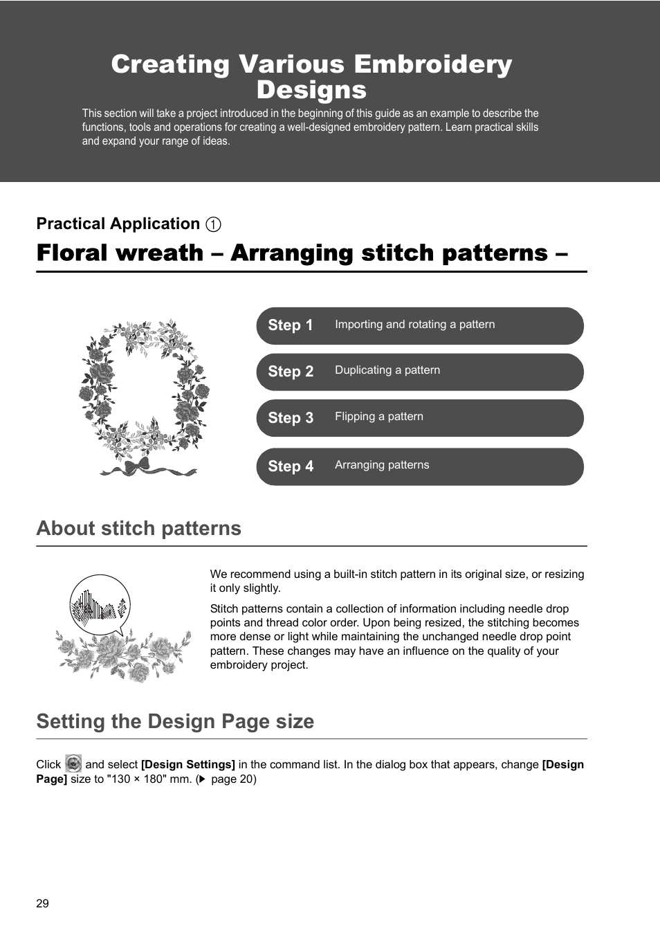 Creating various embroidery designs, Floral wreath – arranging stitch patterns, About stitch patterns setting the design page size | Baby Lock Palette 10 (ECS10) Reference Guide User Manual | Page 38 / 116