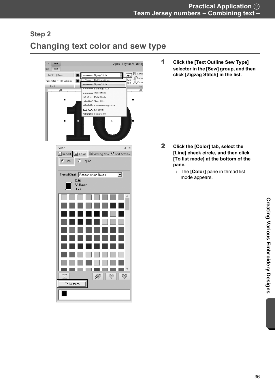 Changing text color and sew type, Step 2 | Baby Lock Palette 10 (ECS10) Reference Guide User Manual | Page 45 / 116