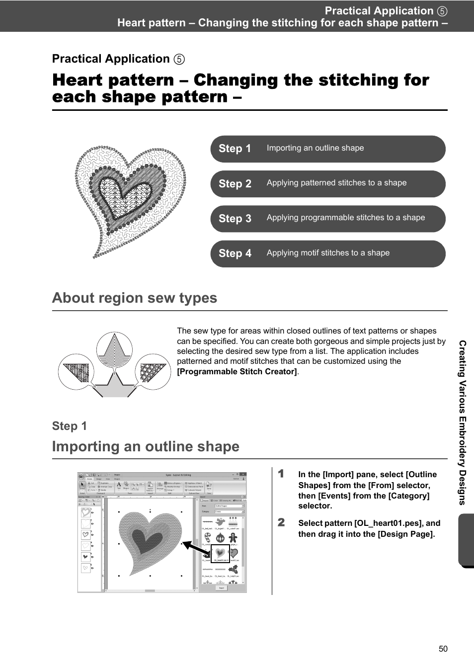 About region sew types, Importing an outline shape | Baby Lock Palette 10 (ECS10) Reference Guide User Manual | Page 59 / 116