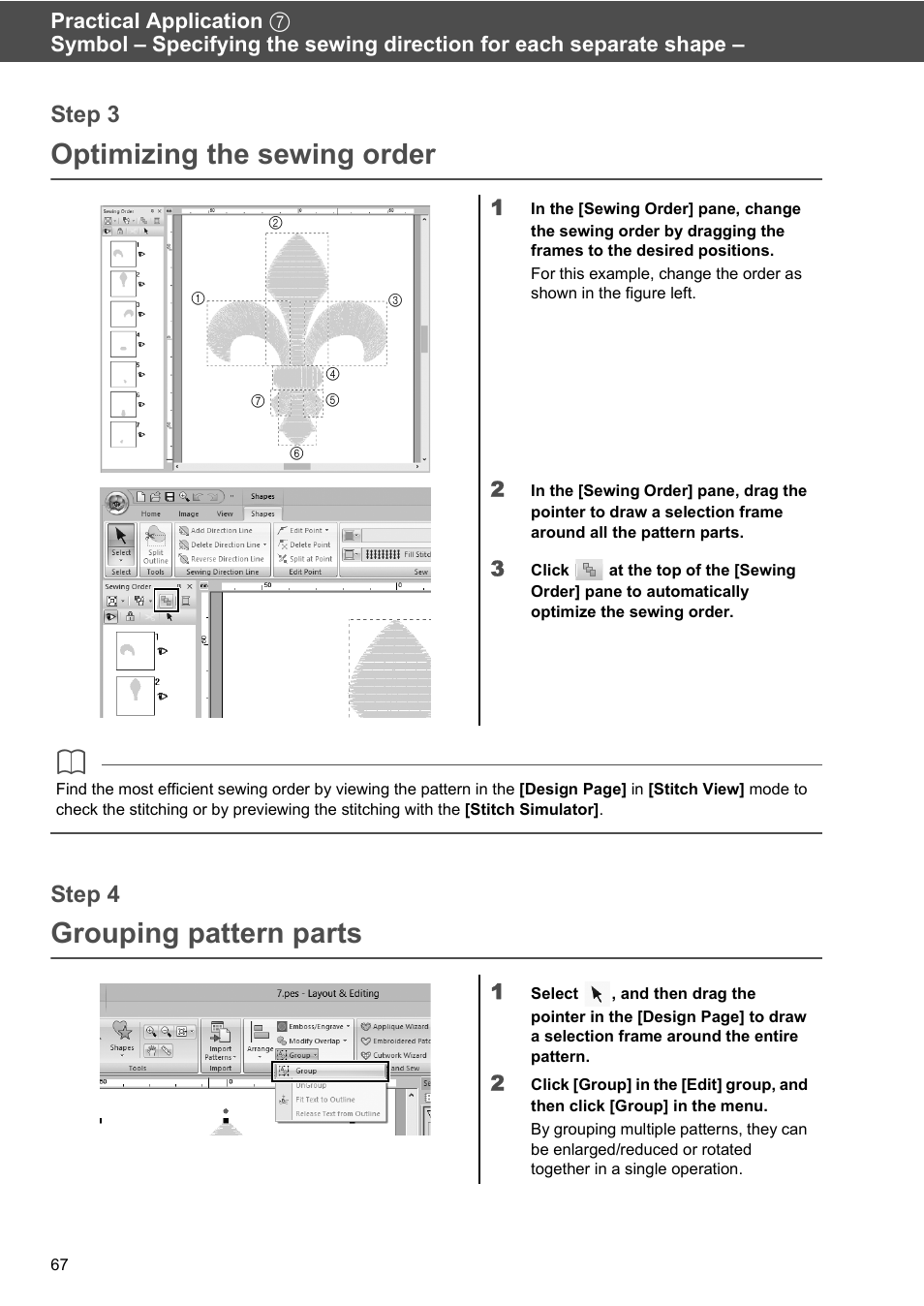 Optimizing the sewing order, Grouping pattern parts, Step 3 | Step 4 | Baby Lock Palette 10 (ECS10) Reference Guide User Manual | Page 76 / 116