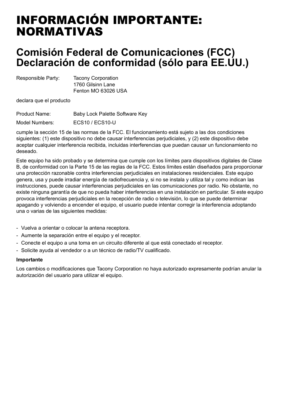 Información importante: normativas | Baby Lock Palette 10 (ECS10) Reference Guide User Manual | Page 78 / 116