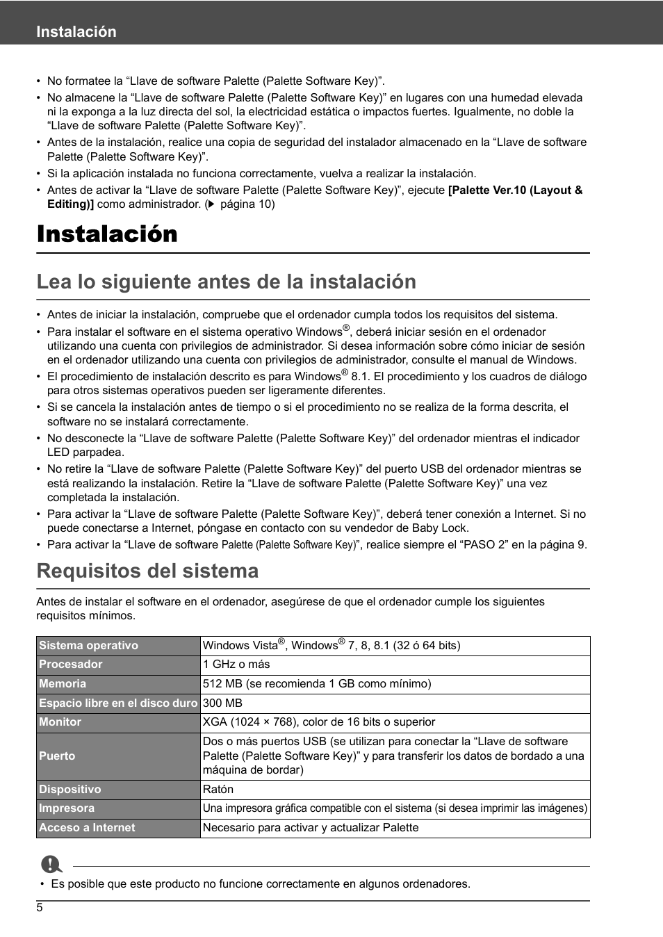 Lea lo siguiente antes de la instalación, Requisitos del sistema, Instalación | Baby Lock Palette 10 (ECS10) Reference Guide User Manual | Page 84 / 116