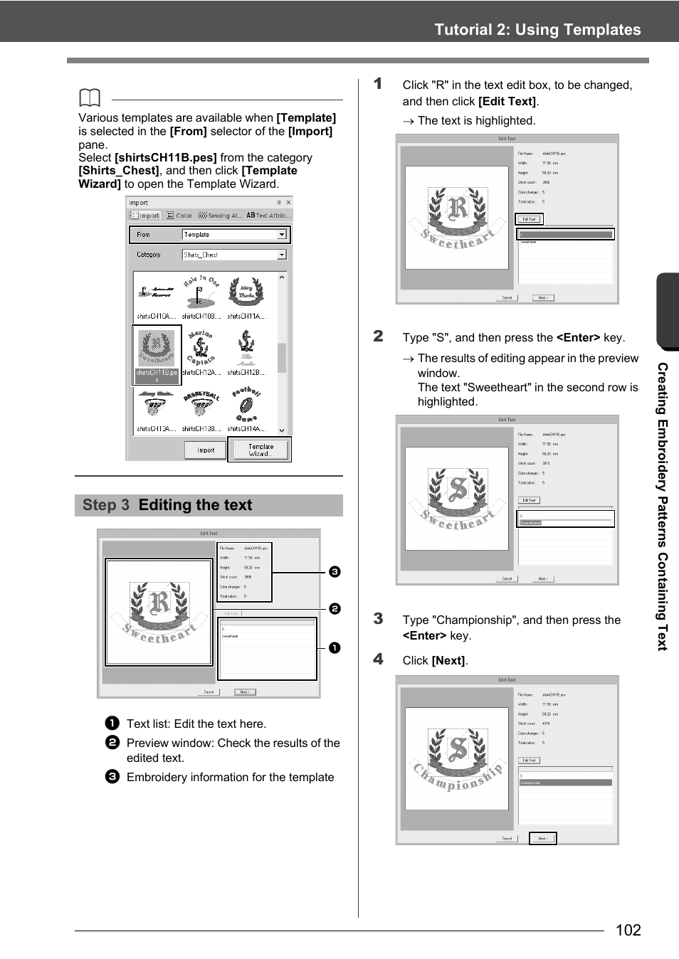 Tutorial 2: using templates, Step 3 editing the text | Baby Lock Palette 10 (ECS10) Instruction Manual User Manual | Page 103 / 356