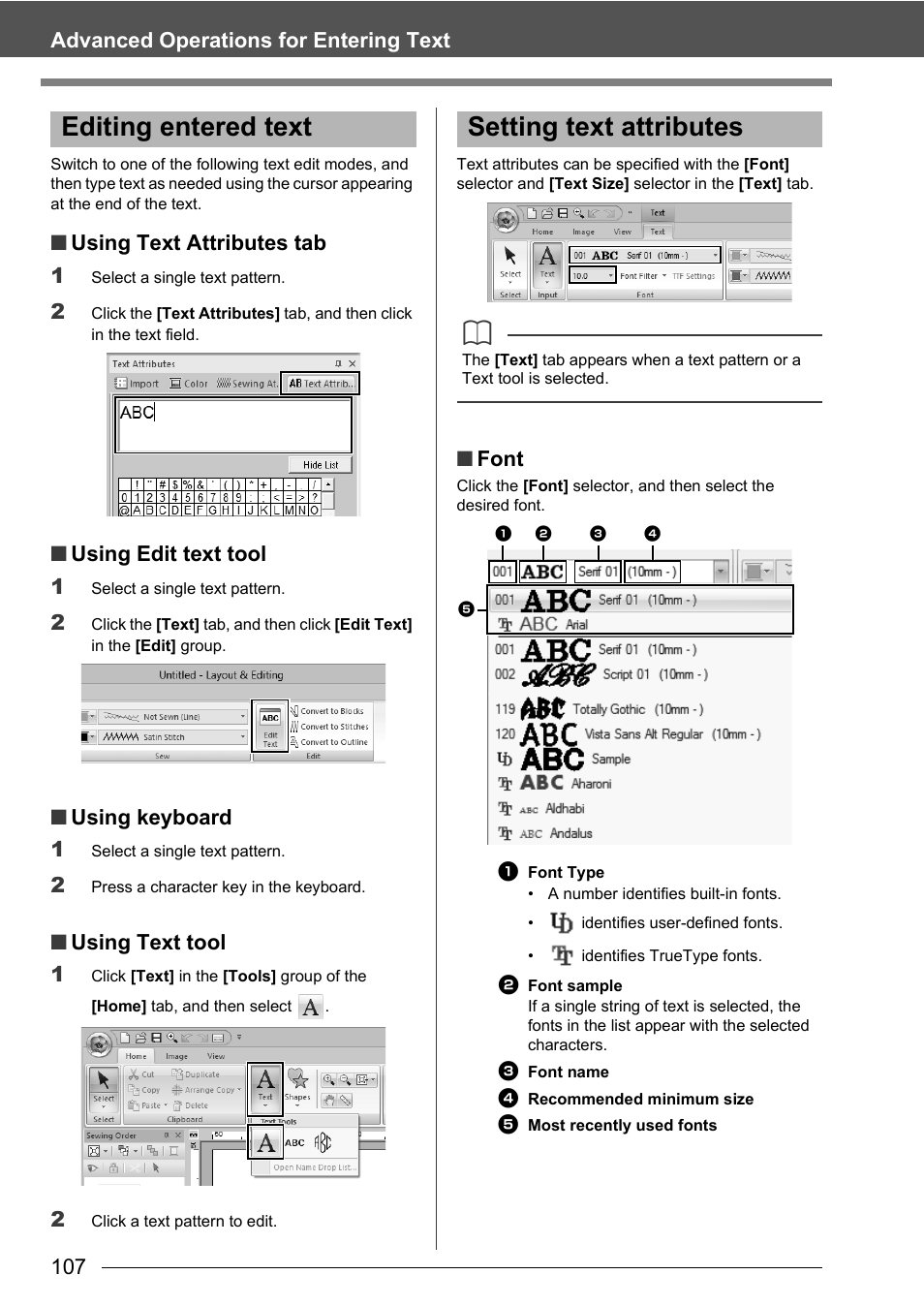 Editing entered text setting text attributes, 107 advanced operations for entering text, Using text attributes tab 1 | Using edit text tool 1, Using keyboard 1, Using text tool 1, Font | Baby Lock Palette 10 (ECS10) Instruction Manual User Manual | Page 108 / 356