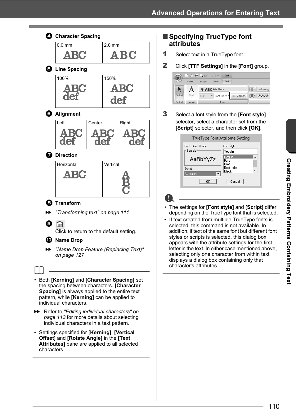 Advanced operations for entering text, Specifying truetype font attributes 1 | Baby Lock Palette 10 (ECS10) Instruction Manual User Manual | Page 111 / 356