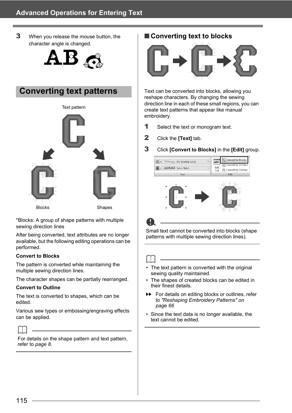 Converting text patterns, 115 advanced operations for entering text 3, Converting text to blocks | Baby Lock Palette 10 (ECS10) Instruction Manual User Manual | Page 116 / 356