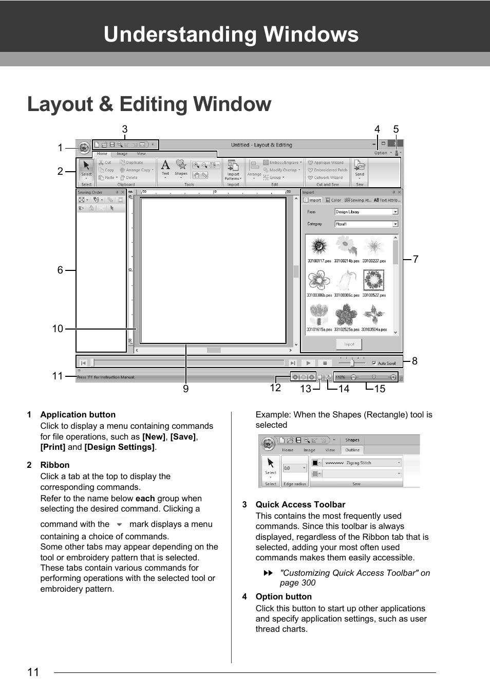 Understanding windows, Layout & editing window | Baby Lock Palette 10 (ECS10) Instruction Manual User Manual | Page 12 / 356