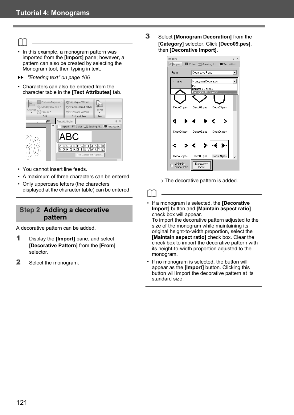 121 tutorial 4: monograms, Step 2 adding a decorative pattern | Baby Lock Palette 10 (ECS10) Instruction Manual User Manual | Page 122 / 356