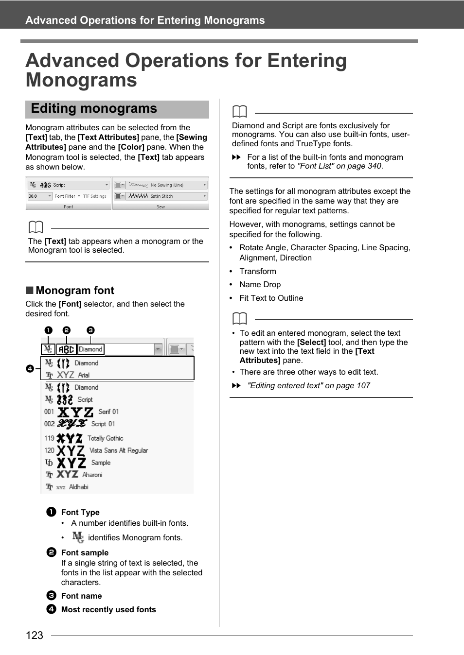 Advanced operations for entering monograms, Editing monograms, 123 advanced operations for entering monograms | Monogram font | Baby Lock Palette 10 (ECS10) Instruction Manual User Manual | Page 124 / 356