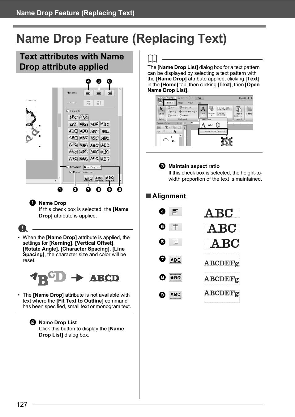 Name drop feature (replacing text), Text attributes with name drop attribute applied, 127 name drop feature (replacing text) | Alignment | Baby Lock Palette 10 (ECS10) Instruction Manual User Manual | Page 128 / 356