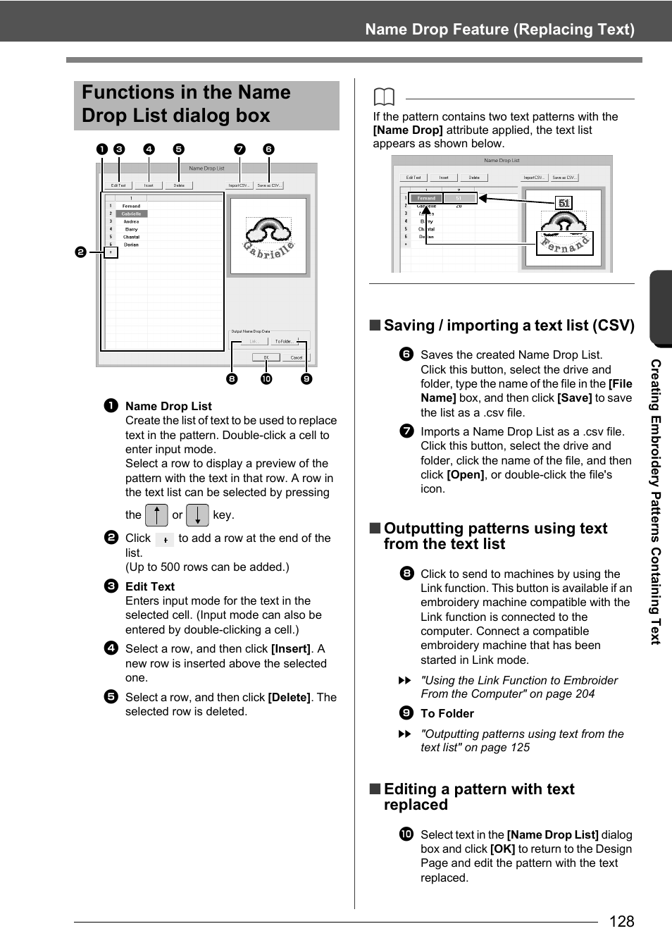 Functions in the name drop list dialog box, Name drop feature (replacing text), Saving / importing a text list (csv) | Outputting patterns using text from the text list, Editing a pattern with text replaced | Baby Lock Palette 10 (ECS10) Instruction Manual User Manual | Page 129 / 356