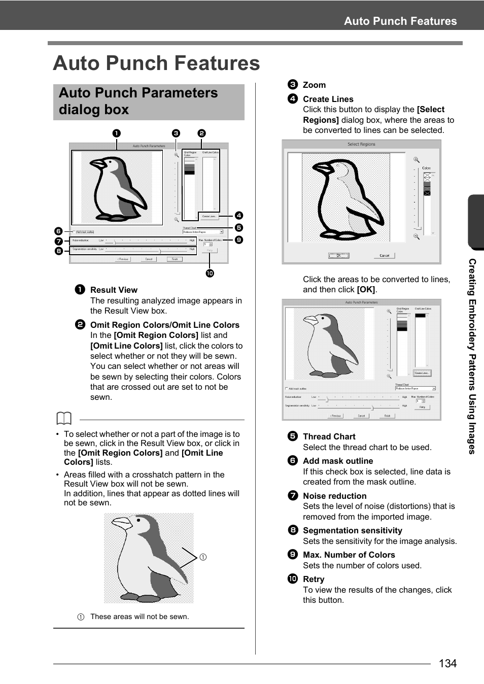 Auto punch parameters dialog box, Auto punch features, Cre a ting embr oide ry pa tte rns us ing ima ge s | Baby Lock Palette 10 (ECS10) Instruction Manual User Manual | Page 135 / 356
