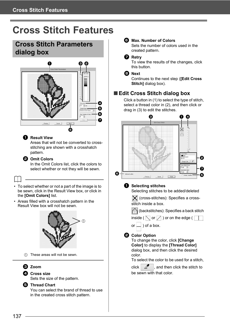 Cross stitch features, Cross stitch parameters dialog box, 137 cross stitch features | Edit cross stitch dialog box | Baby Lock Palette 10 (ECS10) Instruction Manual User Manual | Page 138 / 356