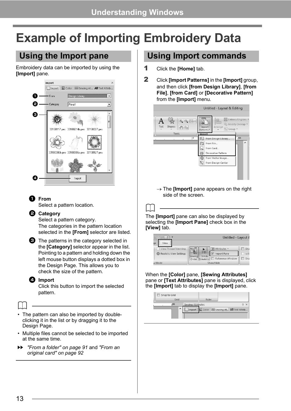 Example of importing embroidery data, Using the import pane, Using import commands | Understanding windows | Baby Lock Palette 10 (ECS10) Instruction Manual User Manual | Page 14 / 356