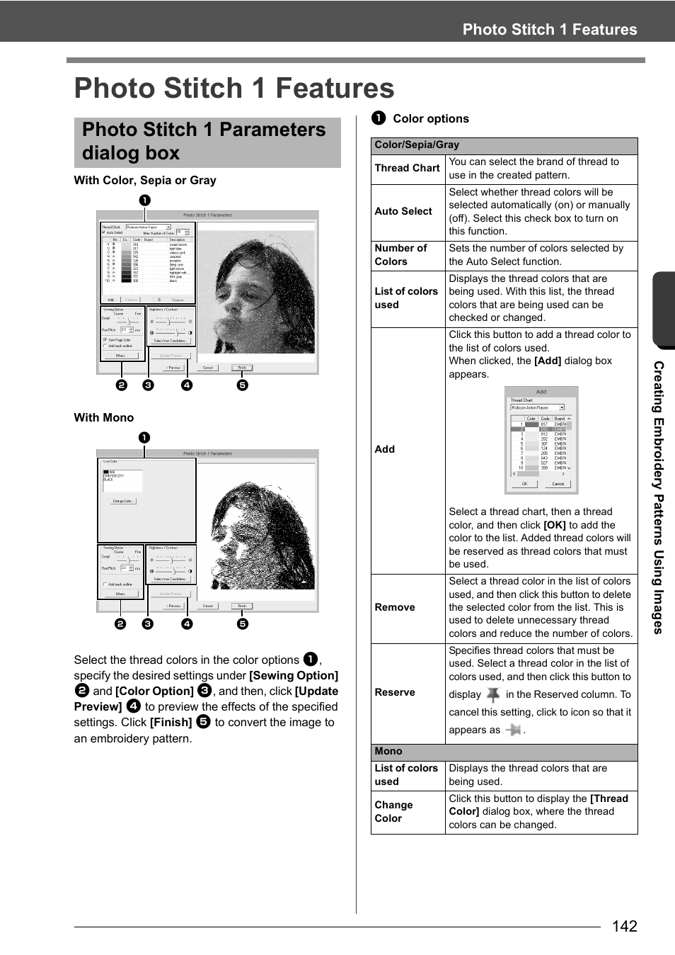 Photo stitch 1 parameters dialog box, Photo stitch 1 features, Cre a ting embr oide ry pa tte rns us ing ima ge s | Baby Lock Palette 10 (ECS10) Instruction Manual User Manual | Page 143 / 356