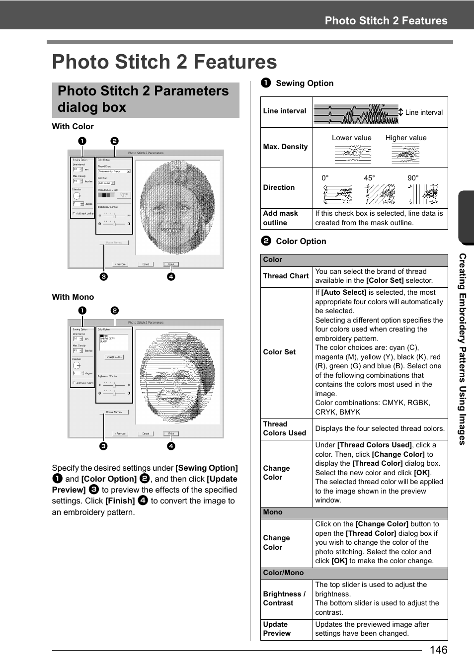 Photo stitch 2 parameters dialog box, Photo stitch 2 features, Cre a ting embr oide ry pa tte rns us ing ima ge s | Baby Lock Palette 10 (ECS10) Instruction Manual User Manual | Page 147 / 356